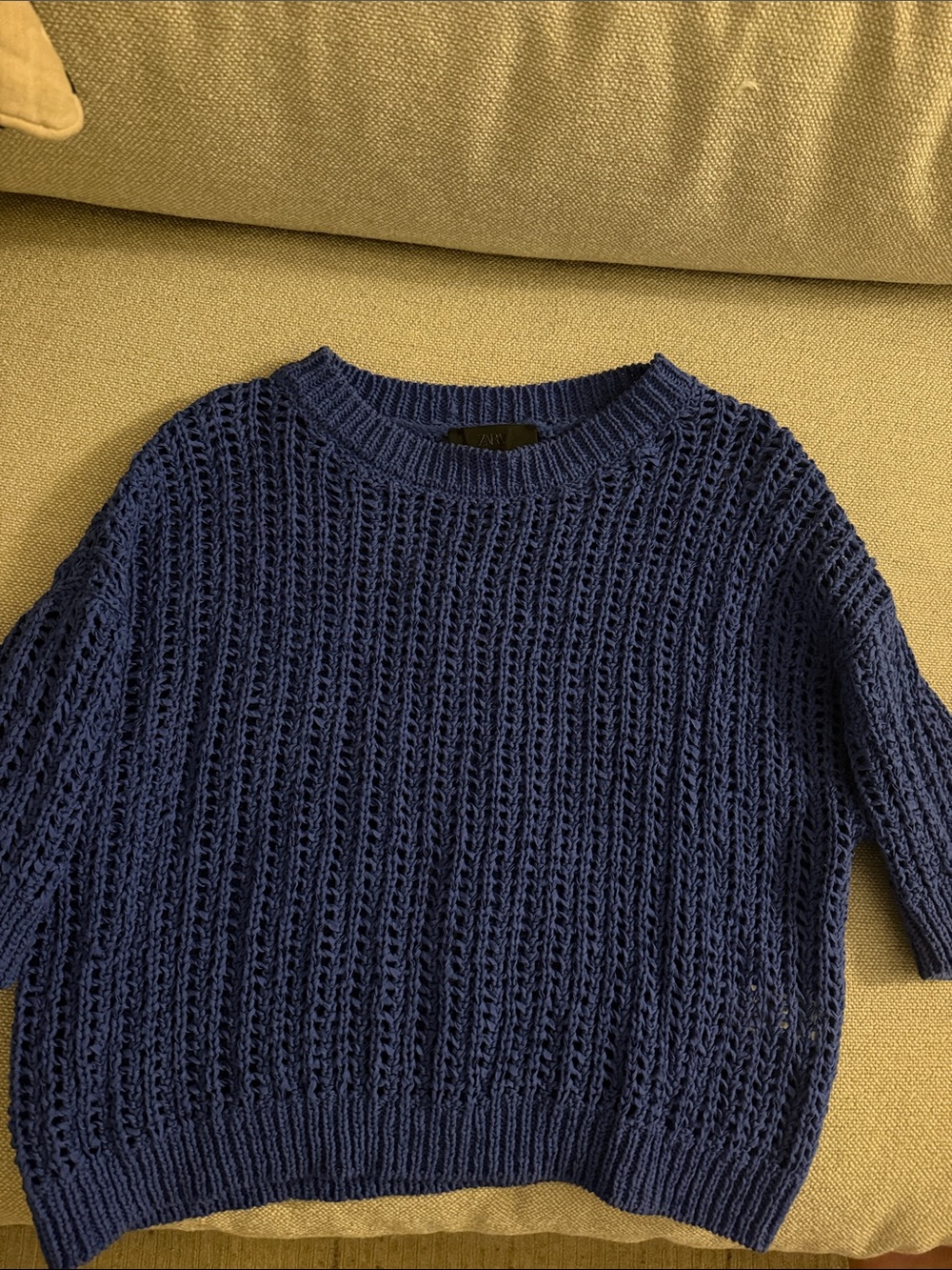 Zara Navy Open-Knit Crew Sweater